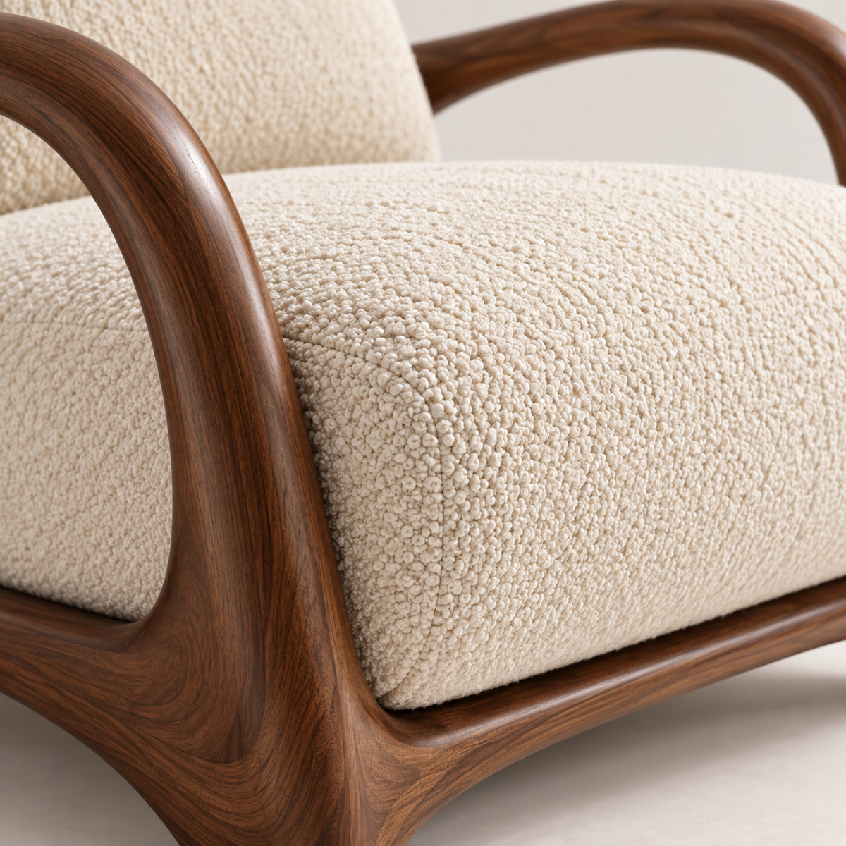 Sculptural Wood Frame Bouclé Lounge Chair
