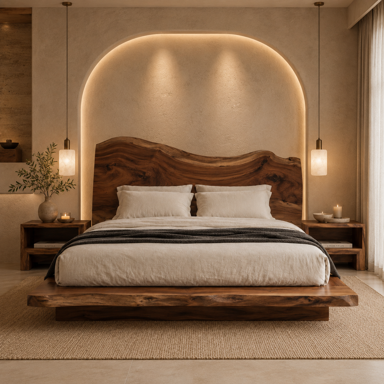 Live Edge Bed Frame – Solid Wood Bed with Sculptural Headboard