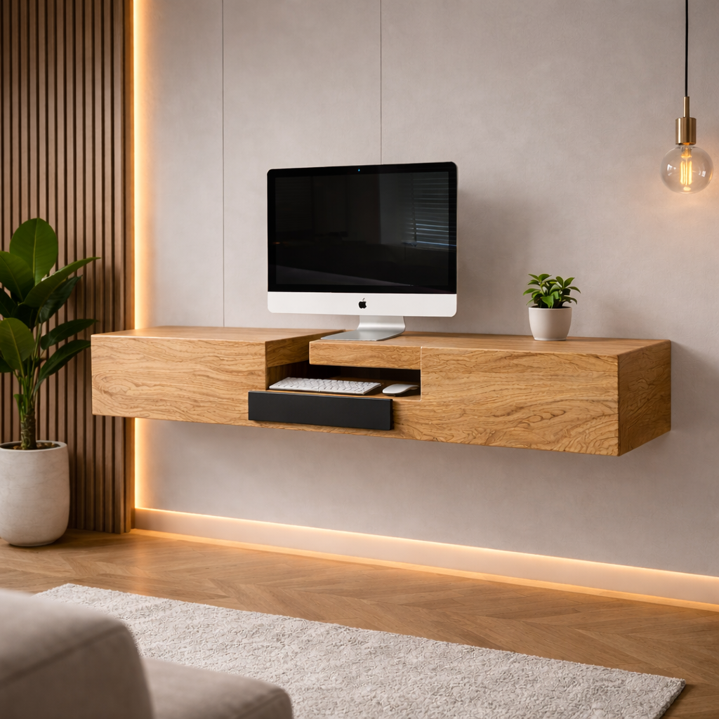 Floating TV Stand – Solid Wood Media Console with Drawer Storage