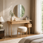 Makeup Vanity Table – Solid Wood Vanity with Round Mirror and Stool
