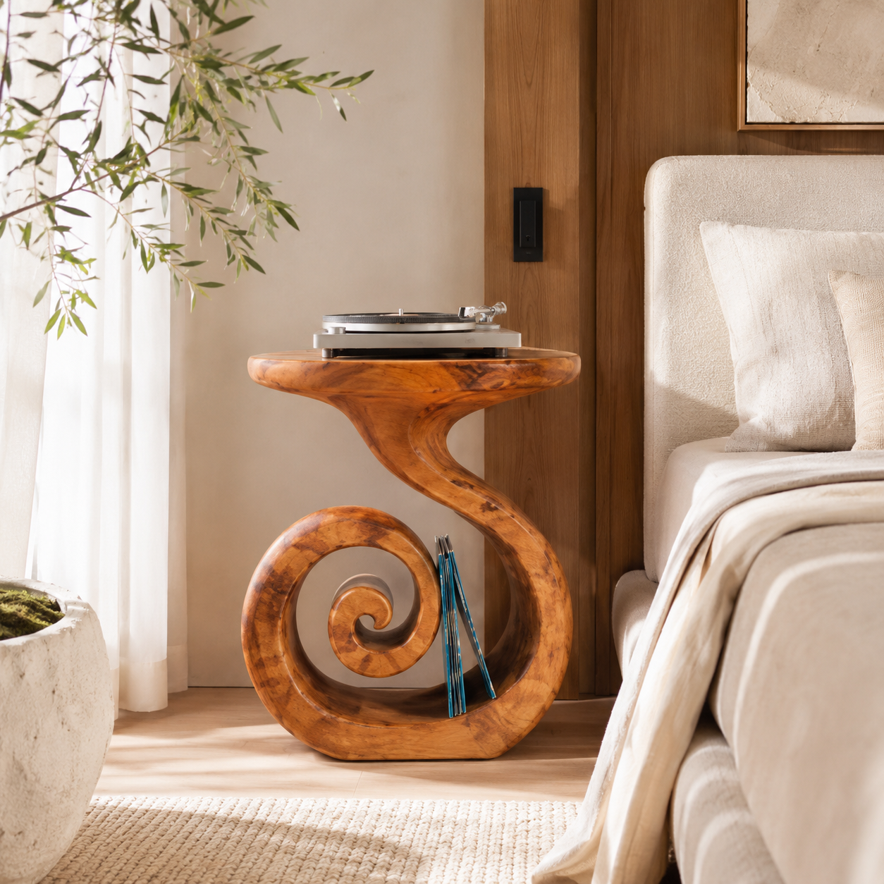 Spiral Sculptural Wood Side Table