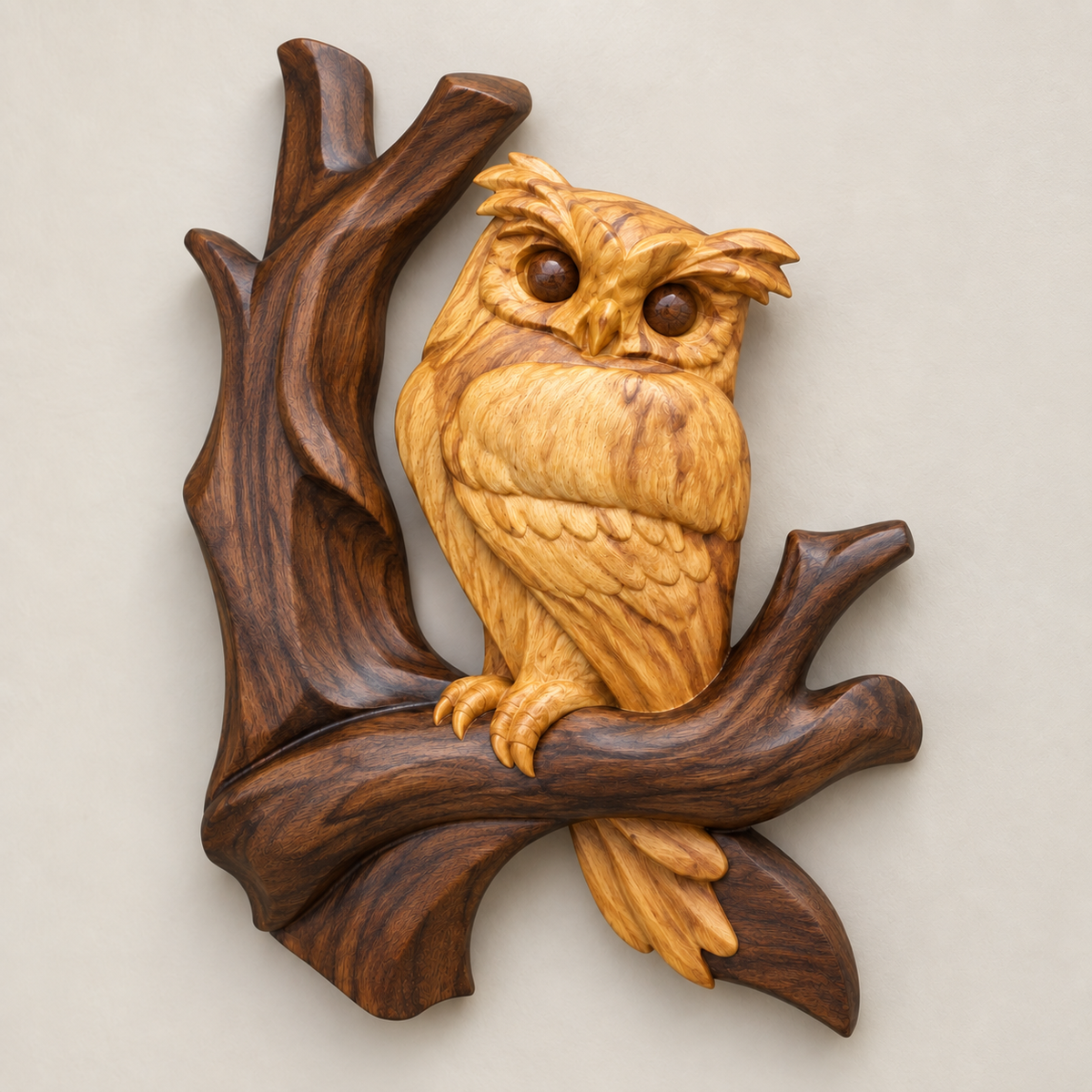 Carved Owl on Branch Wood Wall Art