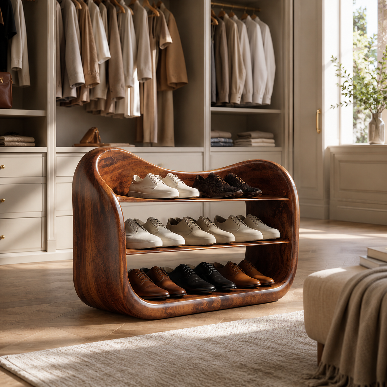Curved Wood Shoe Rack – Solid Wood Entryway Shoe Storage Shelf for Home Decor