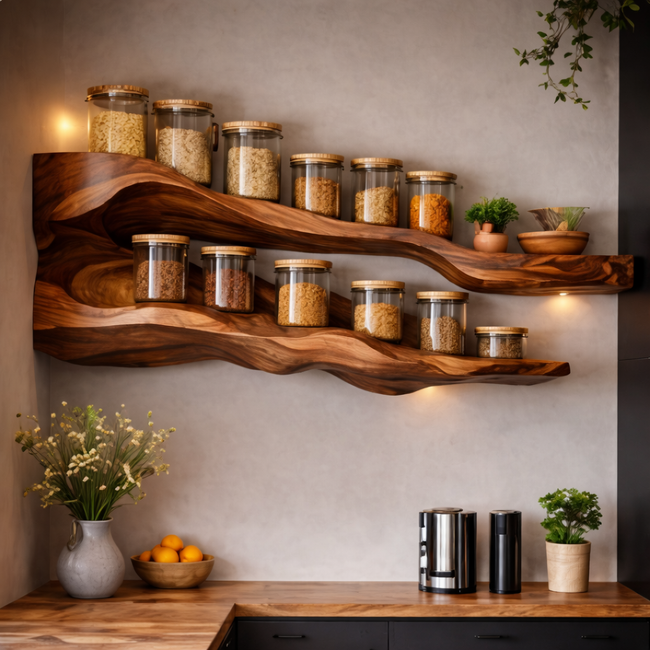 Modern Solid Wood Wall Mounted Spice Rack – Sculptural Wooden Kitchen Spice Shelf Organizer Main Image
