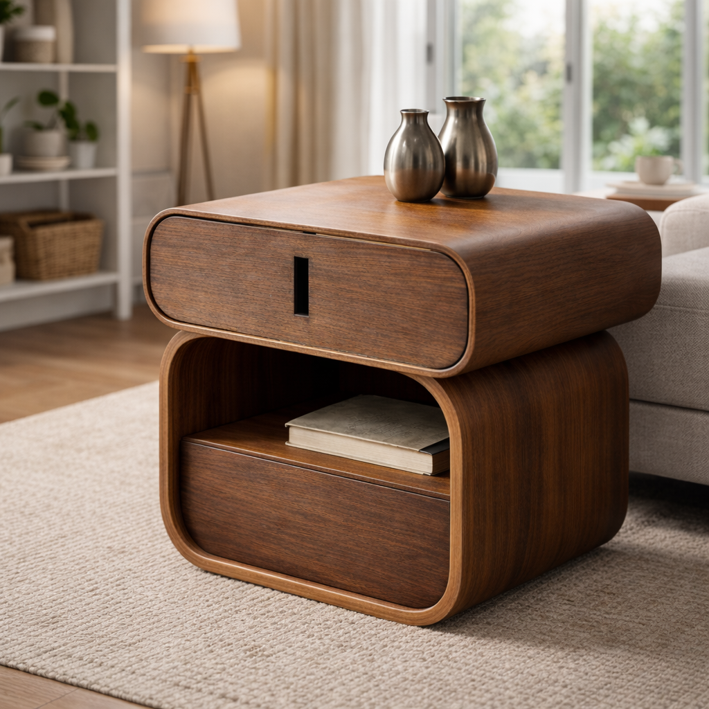 Modern Wooden Side Table with Storage – Rounded Minimalist Nightstand