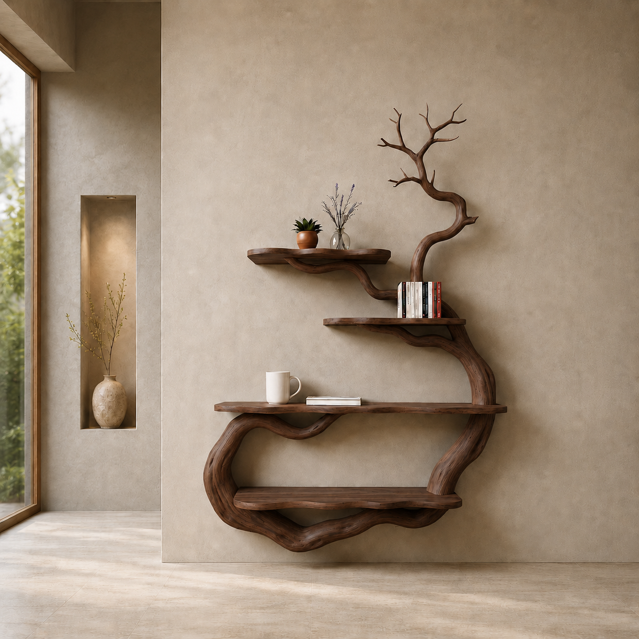 Tree Branch Wall Shelf – Sculptural Solid Wood Display Shelf