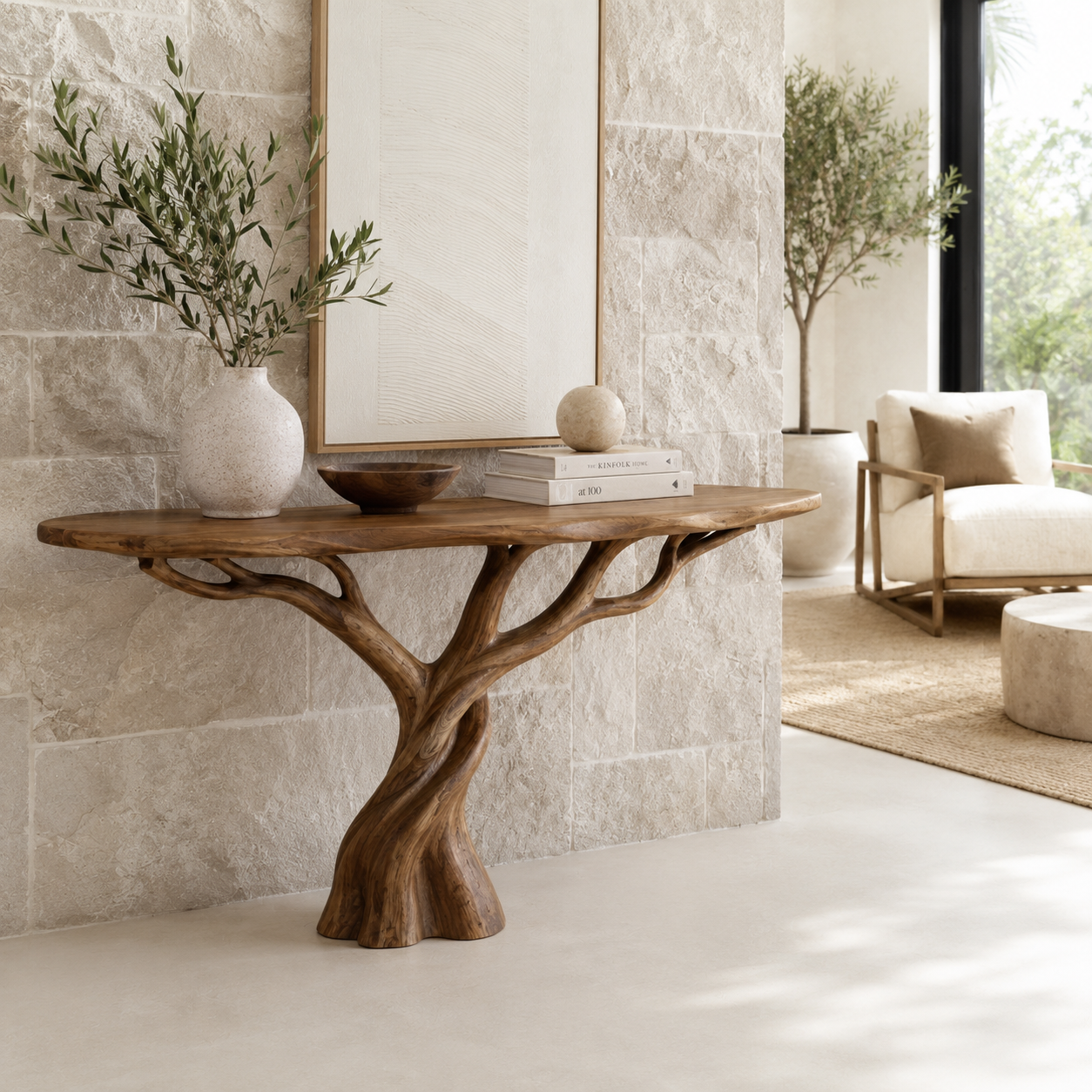 Tree Base Wood Console Table – Solid Wood Entryway Table with Sculptural Branch Base