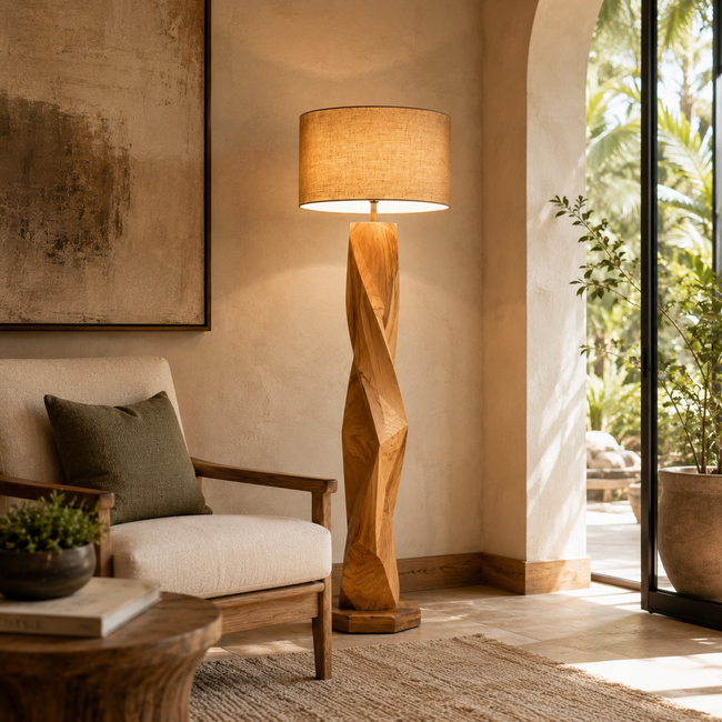 Geometric Wood Floor Lamp – Solid Wood Standing Lamp with Fabric Shade for Living Room Decor Hover Image