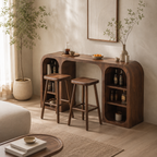 Curved Wood Bar Table Set – Solid Wood Breakfast Bar with Storage Shelves and Stools
