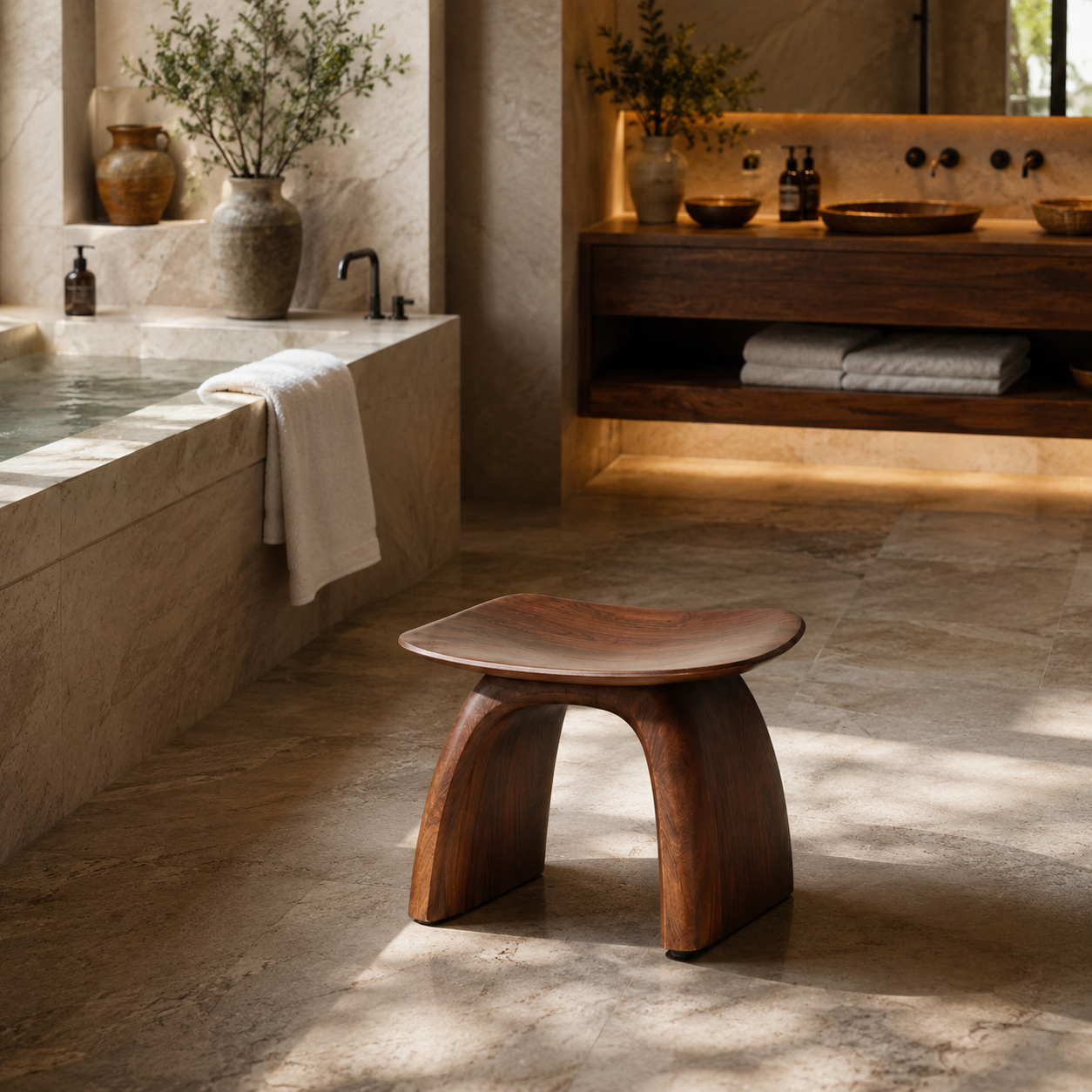 Curved Wood Bathroom Stool – Solid Wood Low Spa Seat for Bathroom Decor