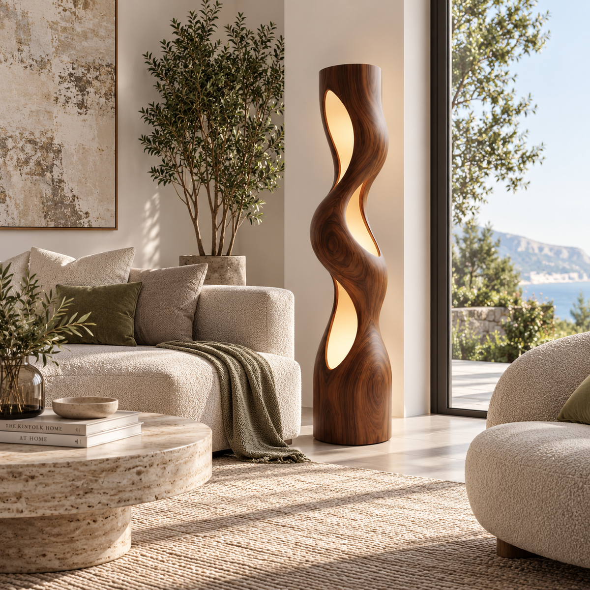 Sculptural Wave Wood Floor Lamp