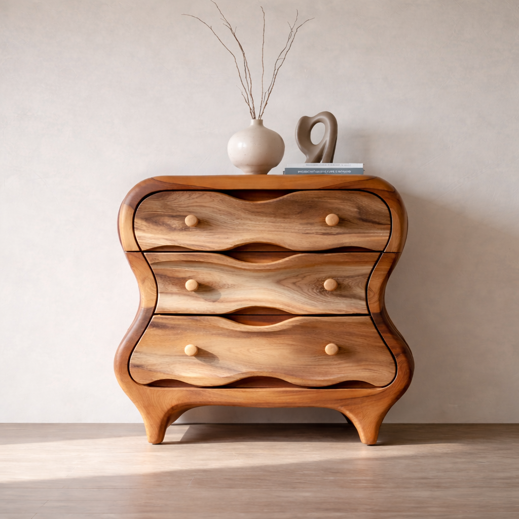 Organic Sculpted Wooden Nightstand with Drawers – Modern Bedside Table