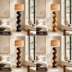 Sculptural Wood Floor Lamp – Solid Wood Wavy Standing Lamp with Fabric Shade for Living Room Decor