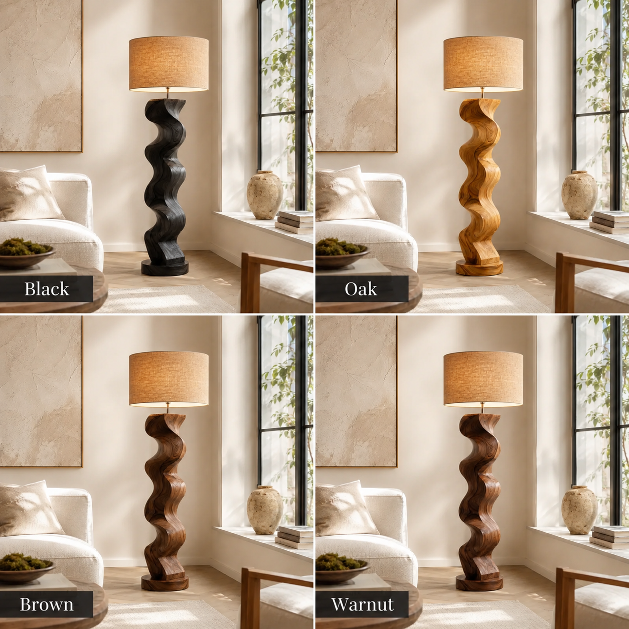 Sculptural Wood Floor Lamp – Solid Wood Wavy Standing Lamp with Fabric Shade for Living Room Decor