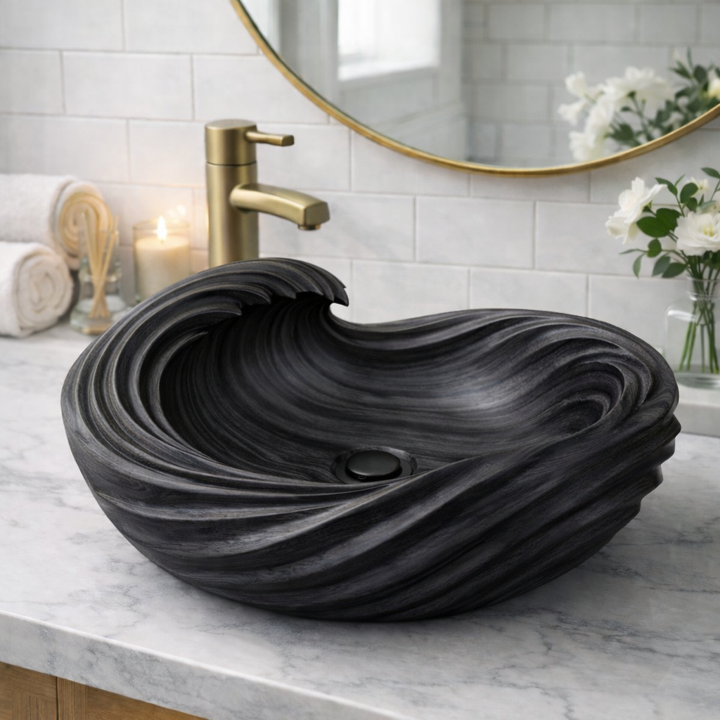 Sculptural Hand-Carved Solid Wood Vessel Sink – Wave Design Bathroom Basin
