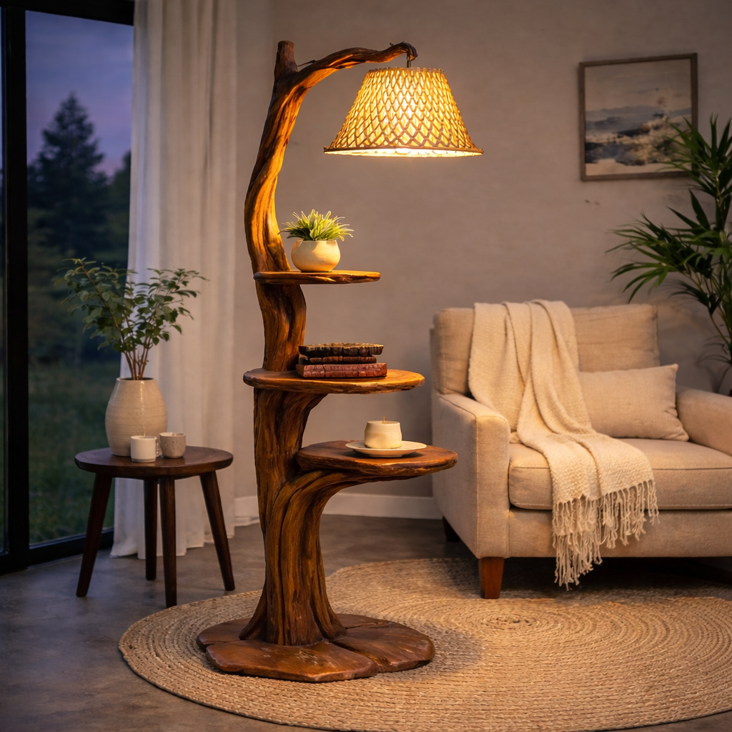 Tree Branch Floor Lamp – Solid Wood Standing Light with Shelves for Living Room Decor