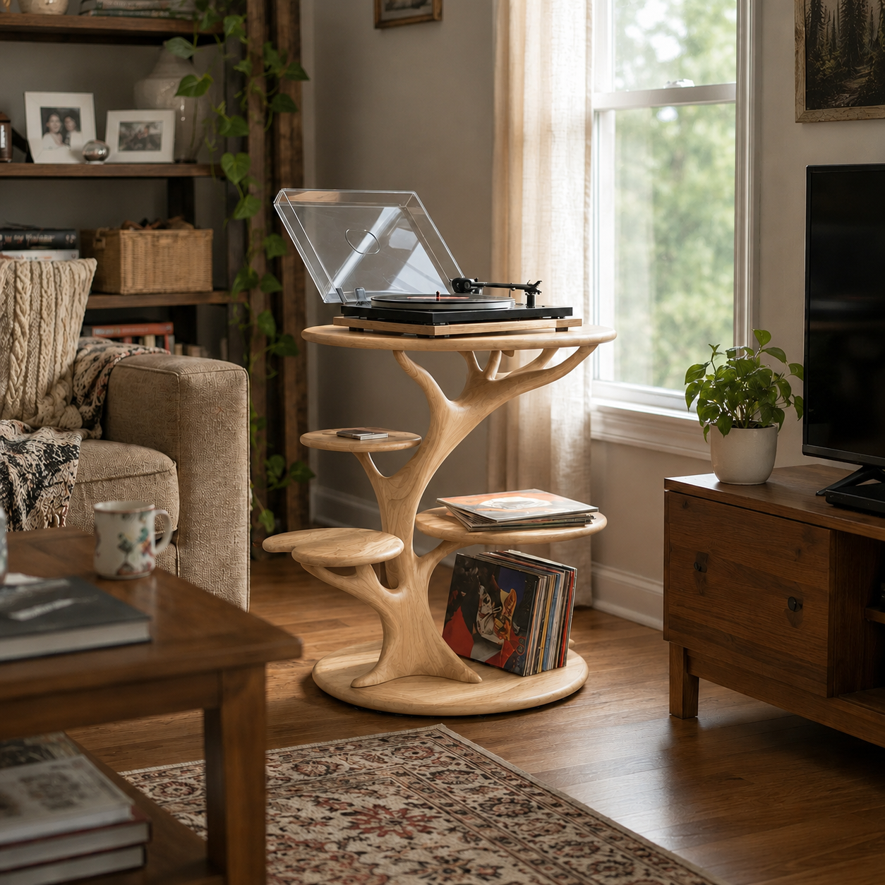 Sculptural Side Table – Solid Wood Magazine Rack Table for Modern Living Room Decor