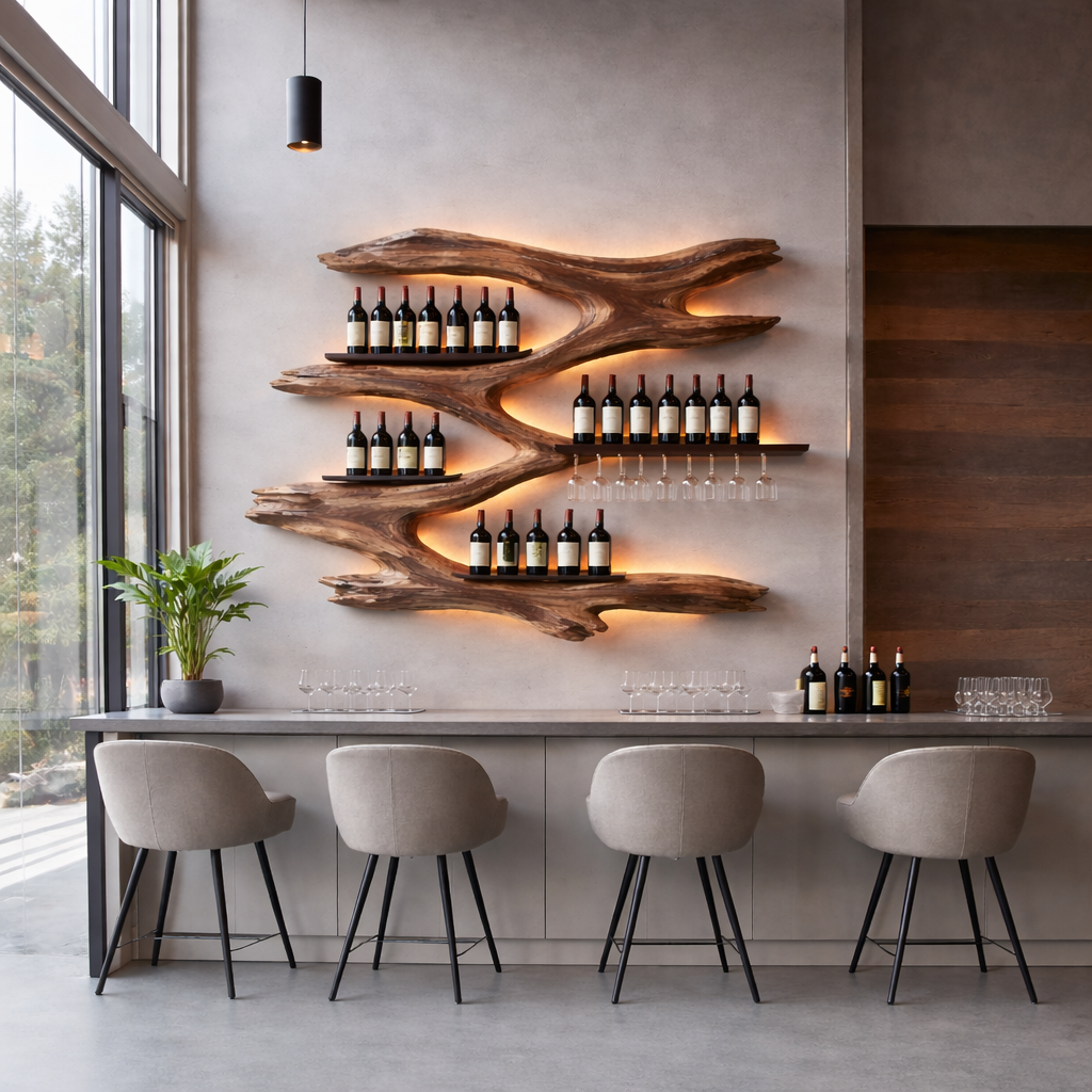 Wooden Wall-Mounted Wine Rack – Sculptural Display