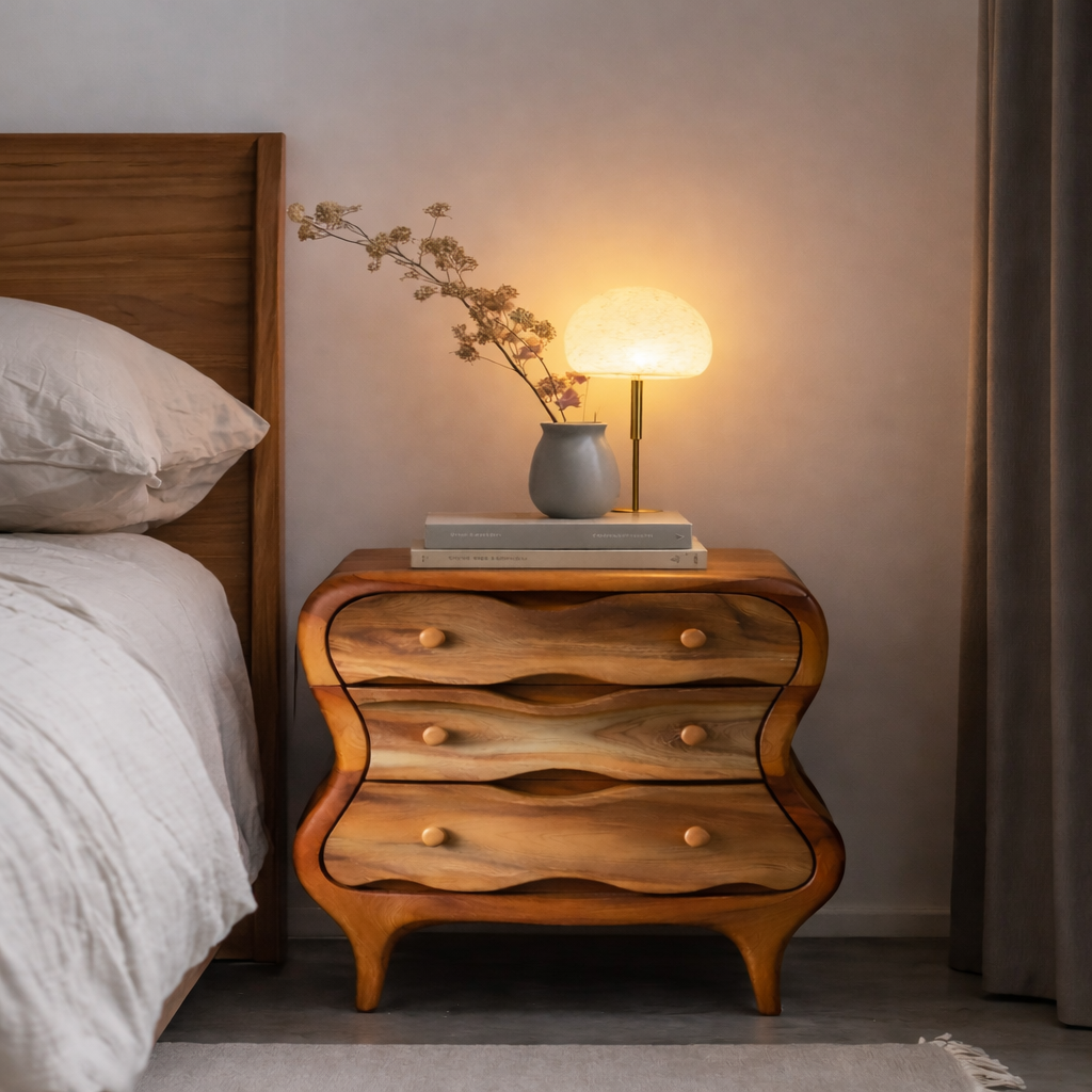 Organic Sculpted Wooden Nightstand with Drawers – Modern Bedside Table