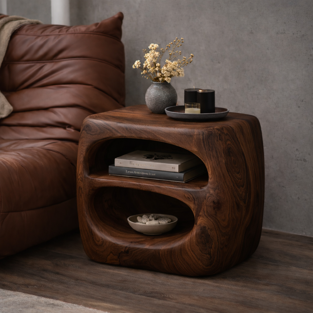 Handcrafted Solid Wood Nightstand – Sculptural Bedside Table with Open Storage