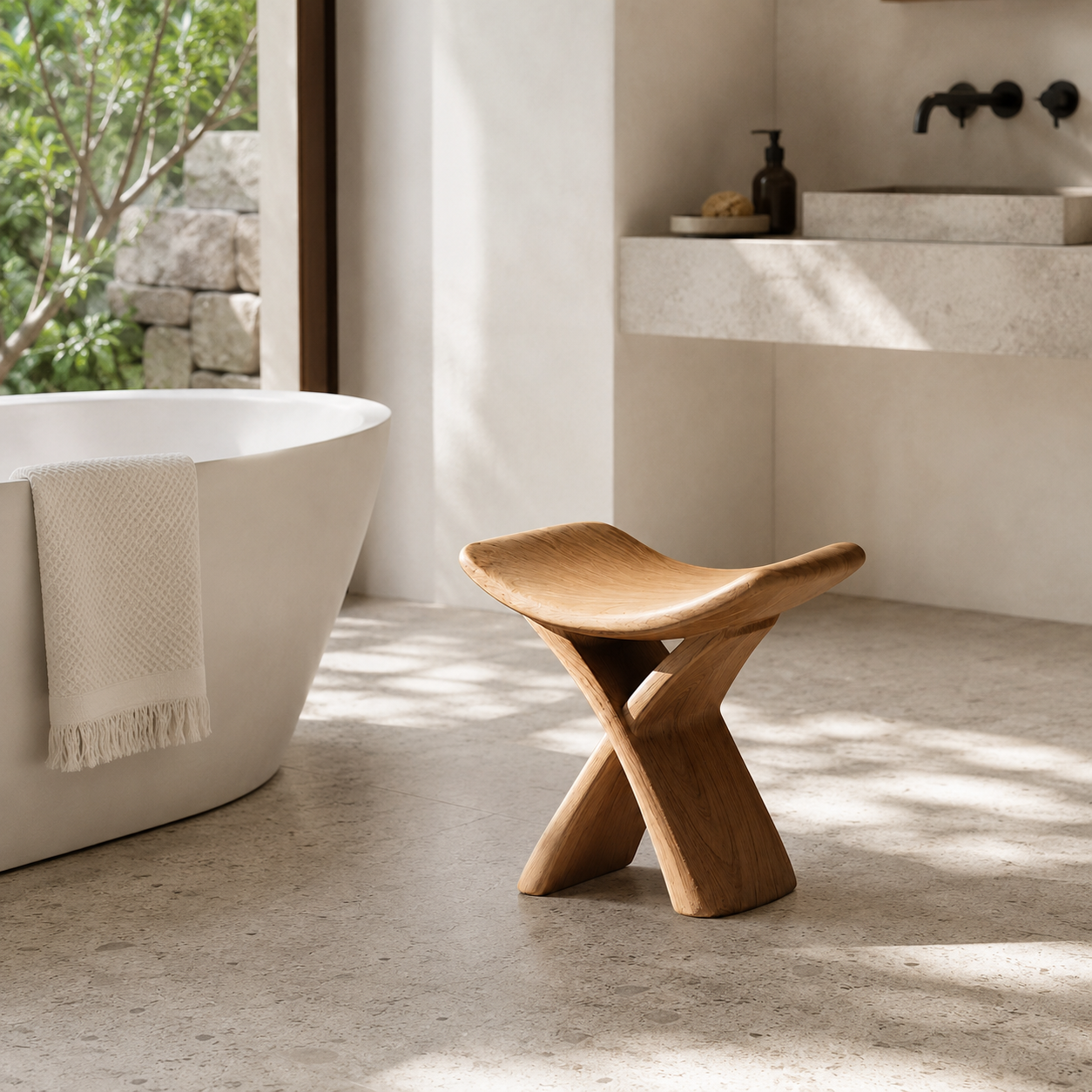 Sculptural Wood Stool – Solid Wood Accent Seat for Bathroom and Home Decor