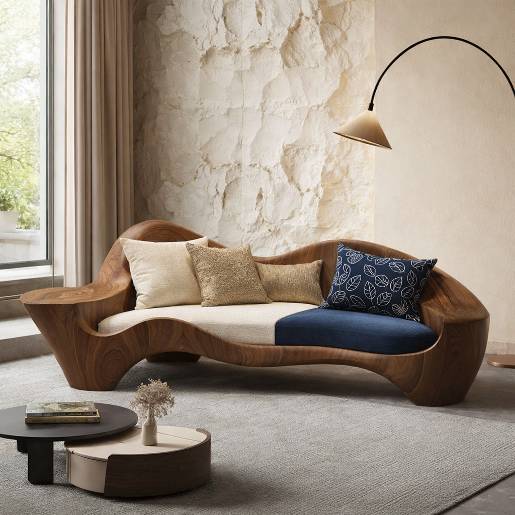 Solid Wood Curved Lounge Sofa – Sculptural Accent Sofa for Modern Interiors