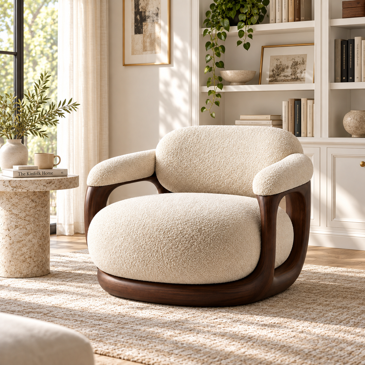 Sculptural Bouclé Swivel Lounge Chair