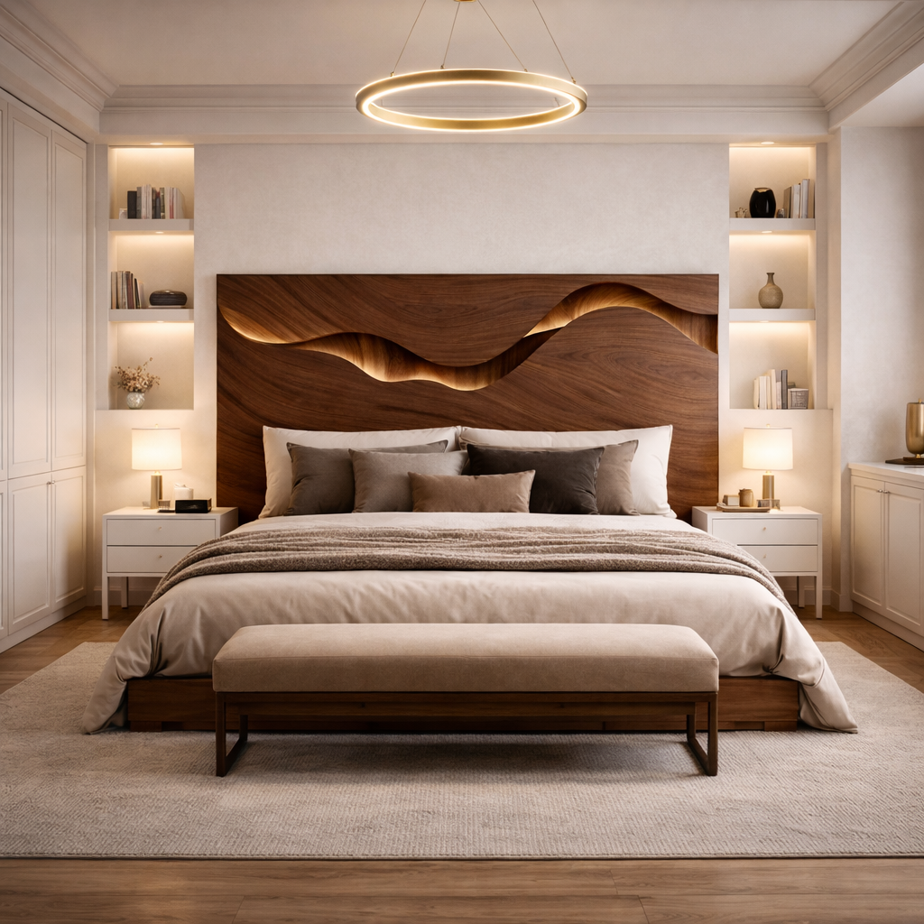 Sculptural Wooden Bed – Modern Bed with Statement Headboard