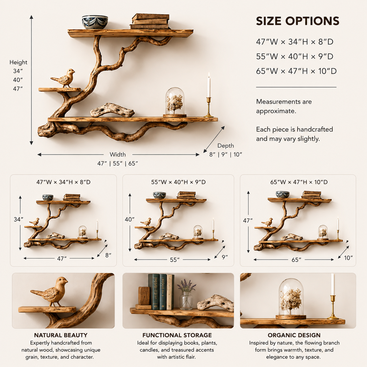 Organic Wall Shelf – Solid Wood Display Shelf for Living Room