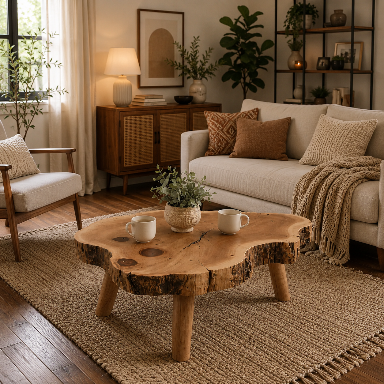Rustic Solid Wood Coffee Table – Organic Tree Slice Center Table for Living Room Decor