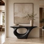 Sculptural Console Table – Solid Wood Entryway Table with Round Mirror