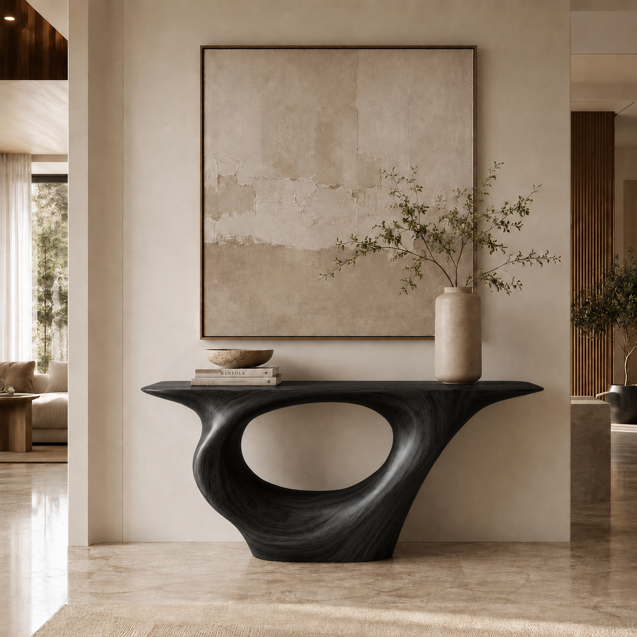 Sculptural Console Table – Solid Wood Entryway Table with Round Mirror