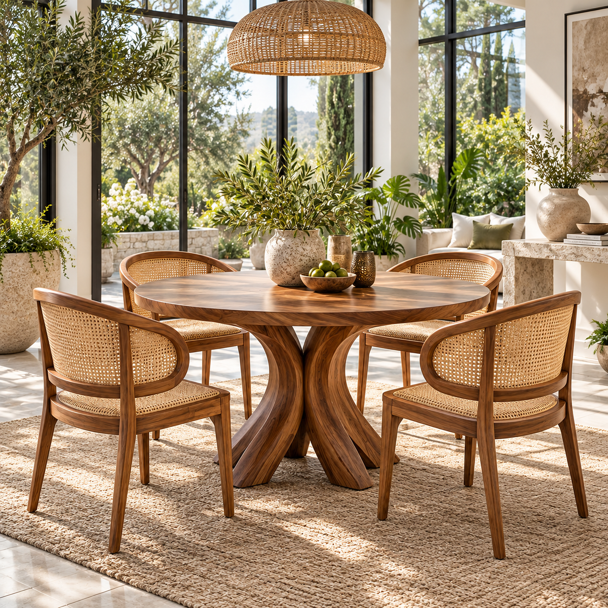 Sculptural Petal Base Round Wood Dining Table