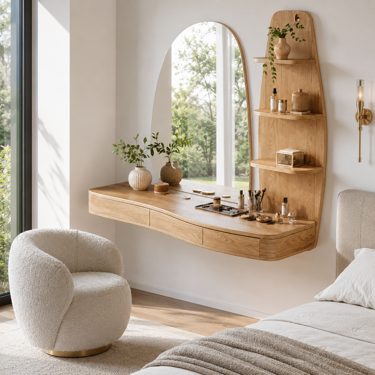 Floating Wood Vanity Desk – Solid Wood Wall Mounted Makeup Table for Bedroom Decor