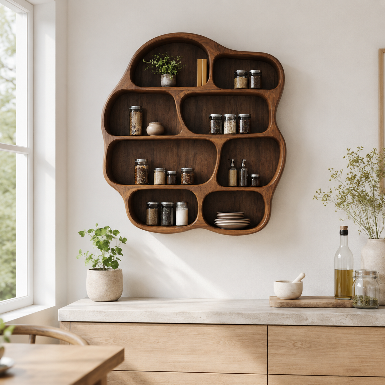 Organic Wood Wall Shelf – Solid Wood Floating Display Shelf for Living Room Decor