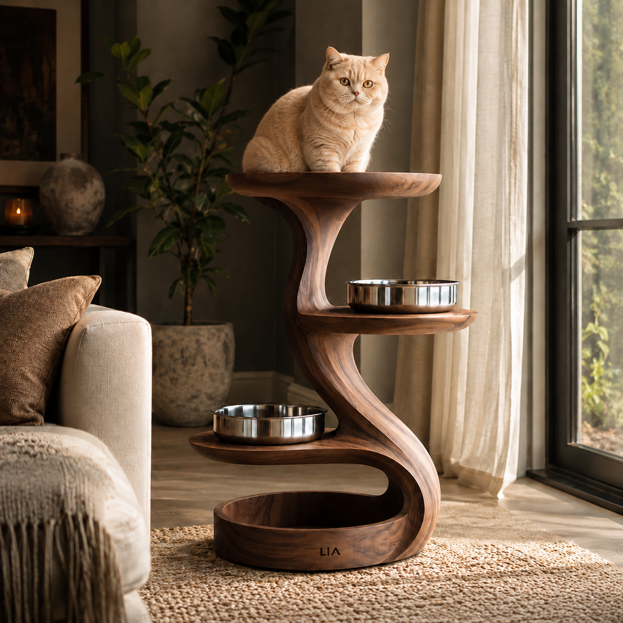 Wood Cat Tree Feeder – Solid Wood Multi-Level Cat Feeding Station for Home Decor