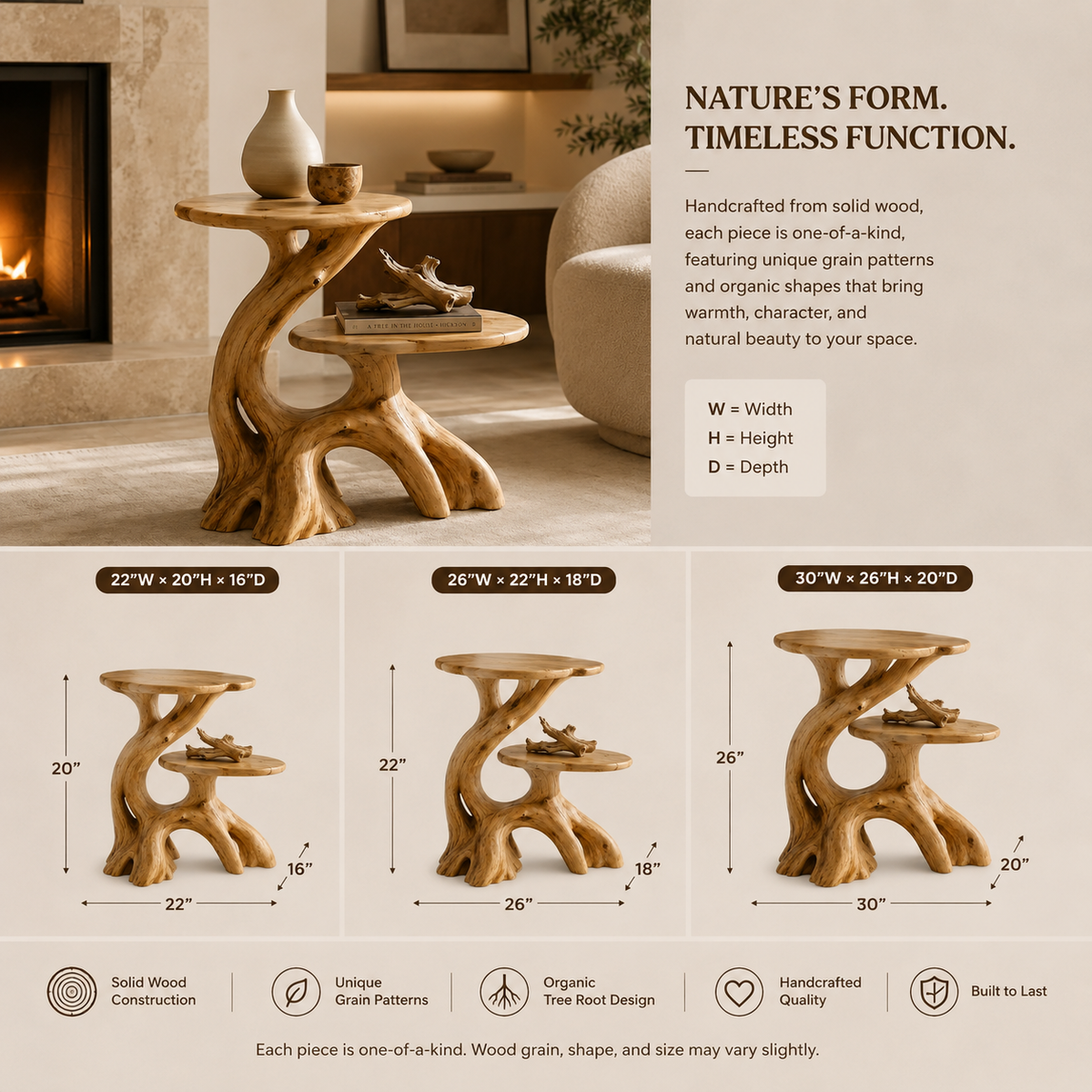 Sculptural Side Table – Solid Wood Accent Table for Living Room
