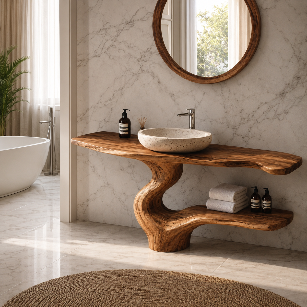 Live Edge Wood Bathroom Vanity – Solid Wood Sink Console with Shelf for Bathroom Decor