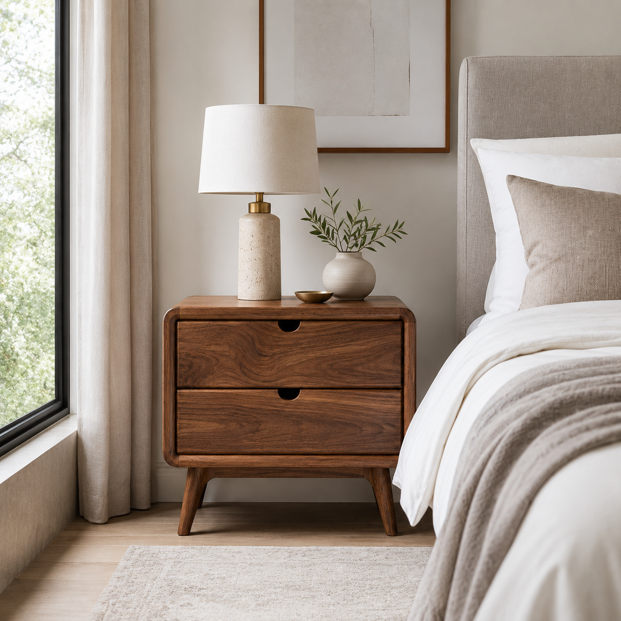 Solid Wood Nightstand – Mid Century Bedside Table for Bedroom Decor