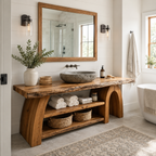 Live Edge Wood Bathroom Vanity – Solid Wood Sink Console with Storage Shelves for Bathroom Decor