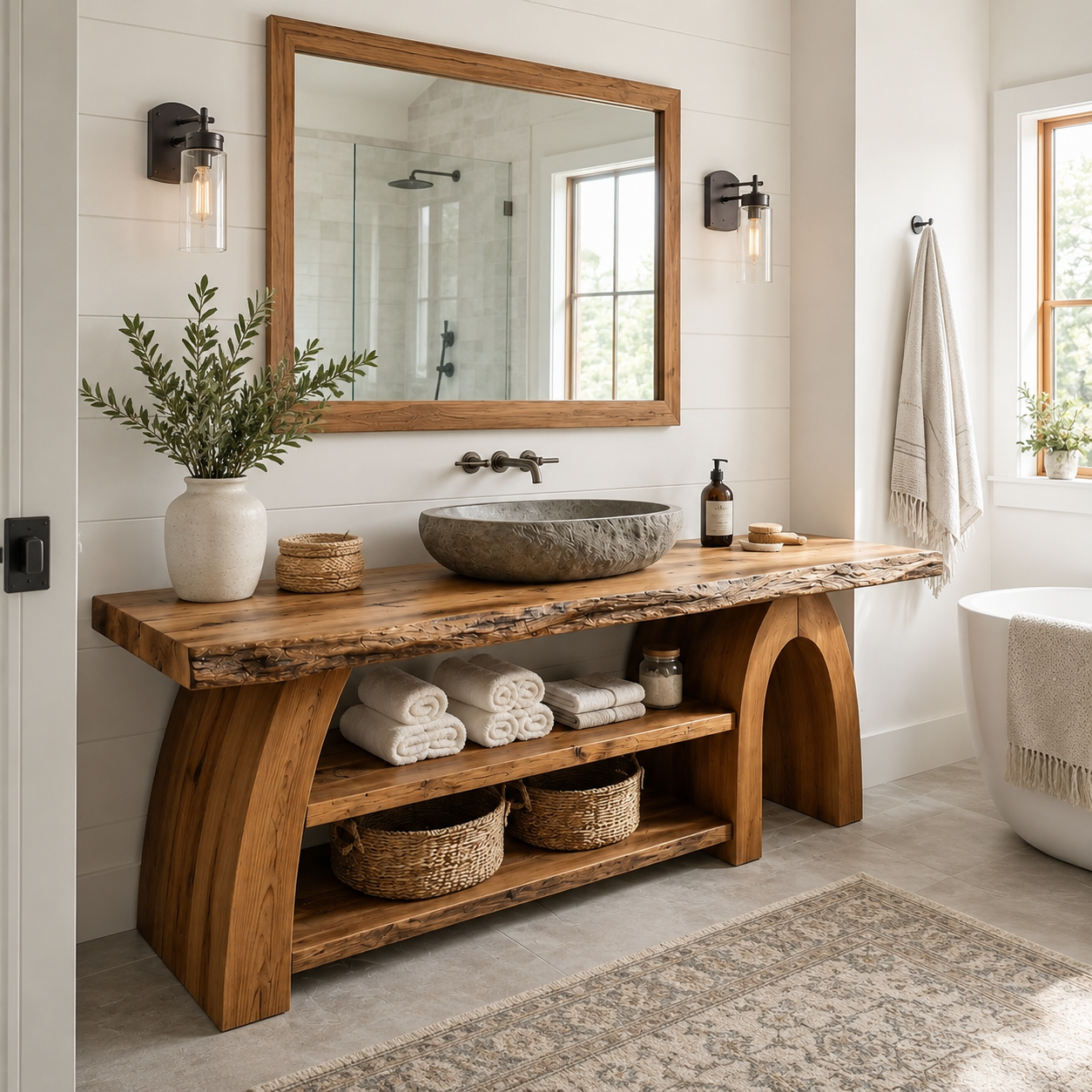 Live Edge Wood Bathroom Vanity – Solid Wood Sink Console with Storage Shelves for Bathroom Decor