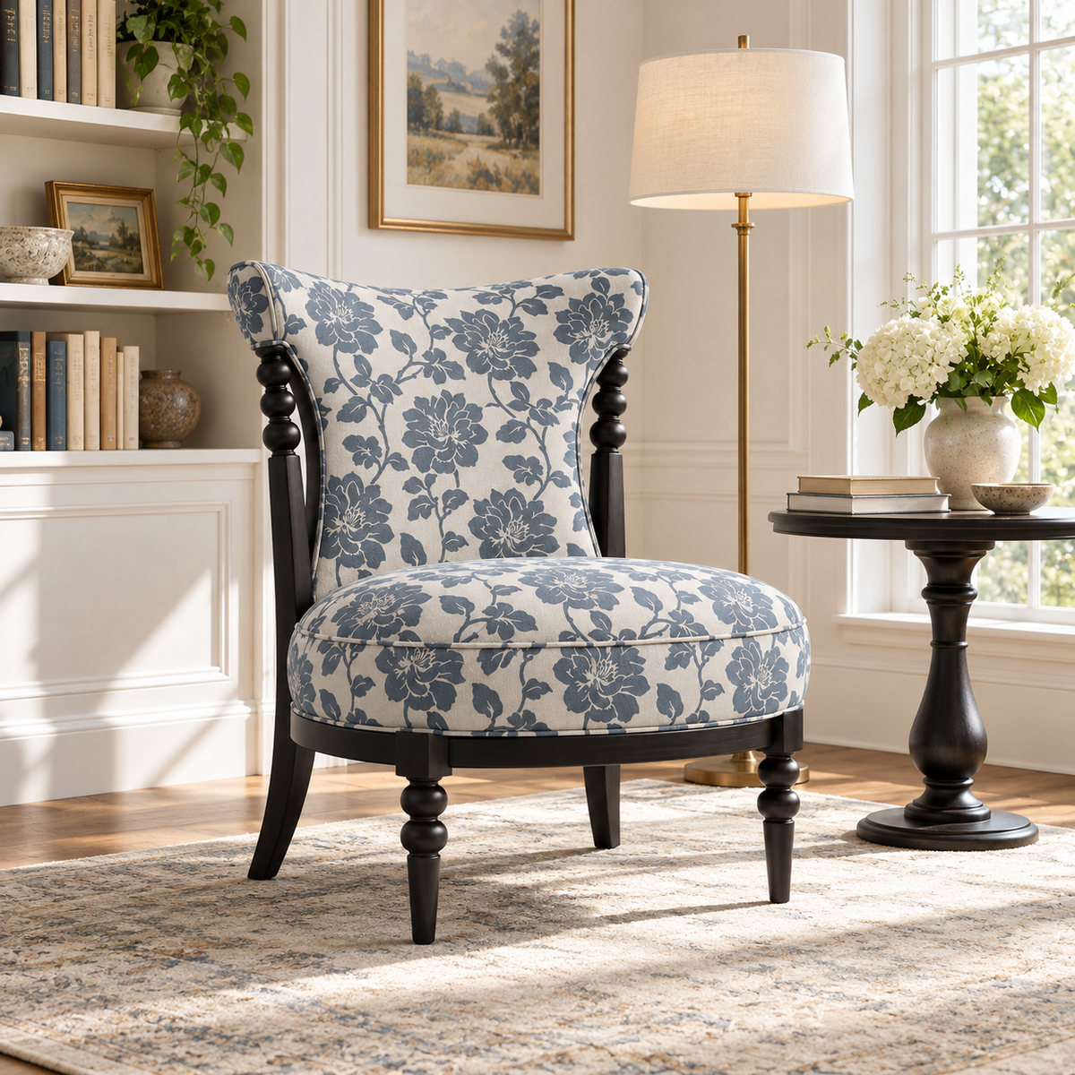 Floral Upholstered Accent Chair with Turned Wood Details