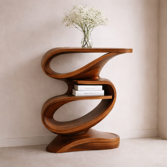 Modern Sculptural Wooden Side Table – Artistic Curved Solid Wood End Table for Living Room or Bedroom Decor Hover Image