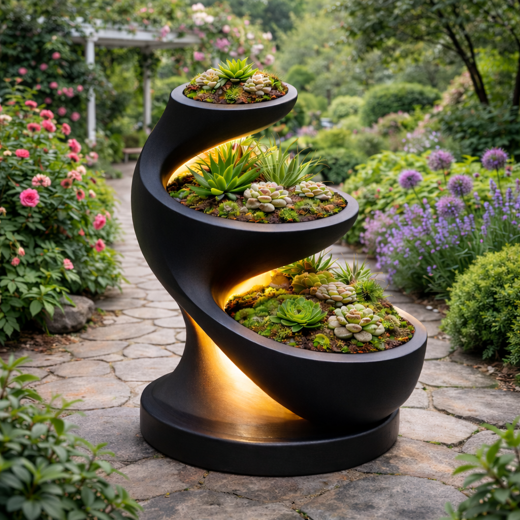 Spiral Plant Stand – Handcrafted Wooden Stand for Outdoor Garden