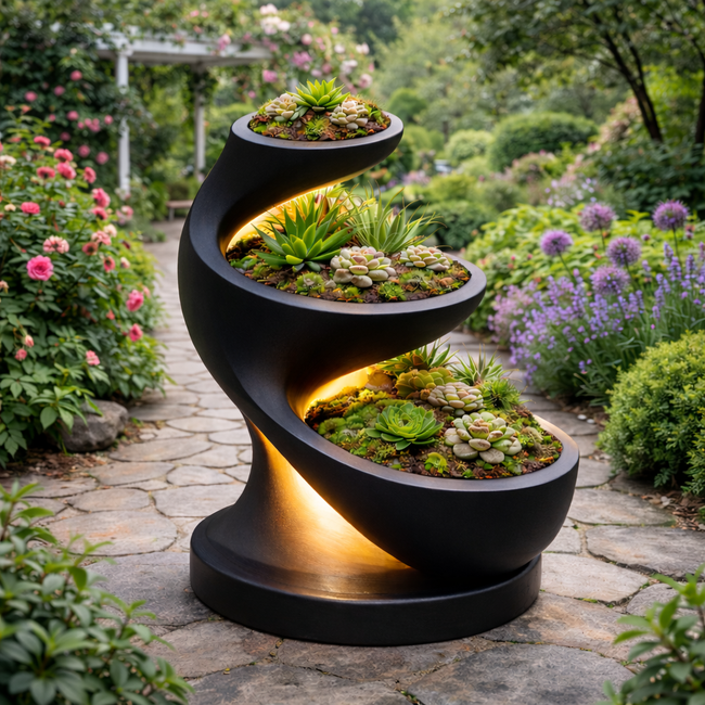 Spiral Plant Stand – Handcrafted Wooden Stand for Outdoor Garden Main Image