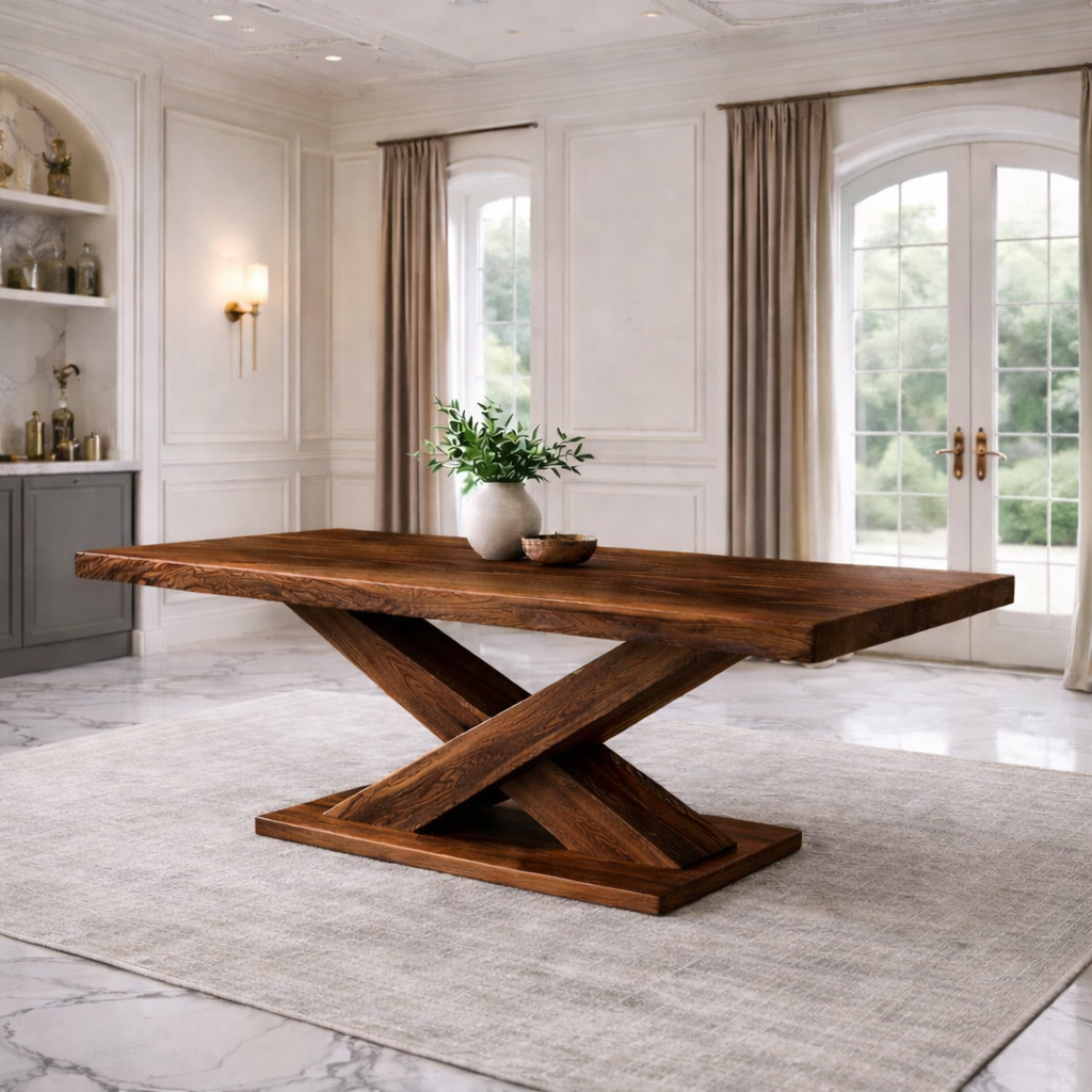 Modern Solid Wood Dining Table – Sculptural X Base Handcrafted Dining Table for Luxury Dining Rooms