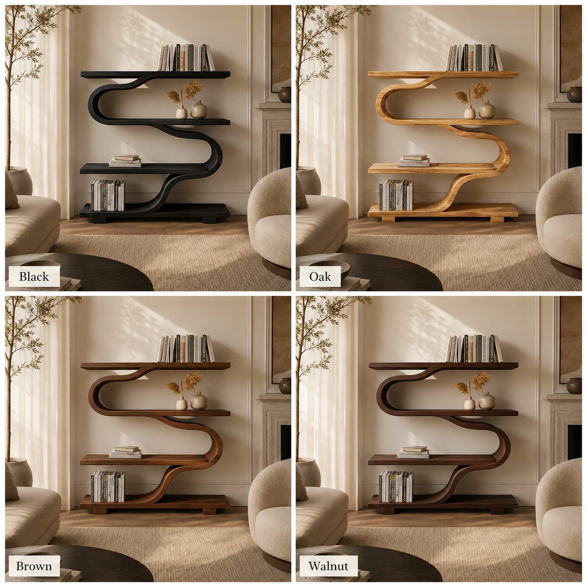 S-Shaped Bookcase – Sculptural Solid Wood Shelf for Living Room