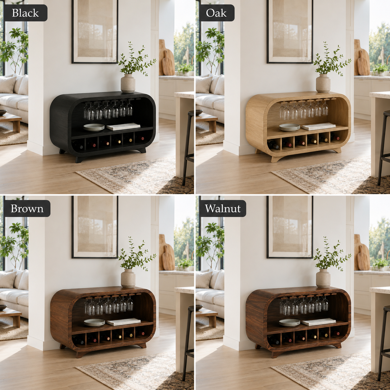 Curved Wood Bar Cabinet – Solid Wood Wine Storage Cabinet with Glass Holder for Living Room Decor