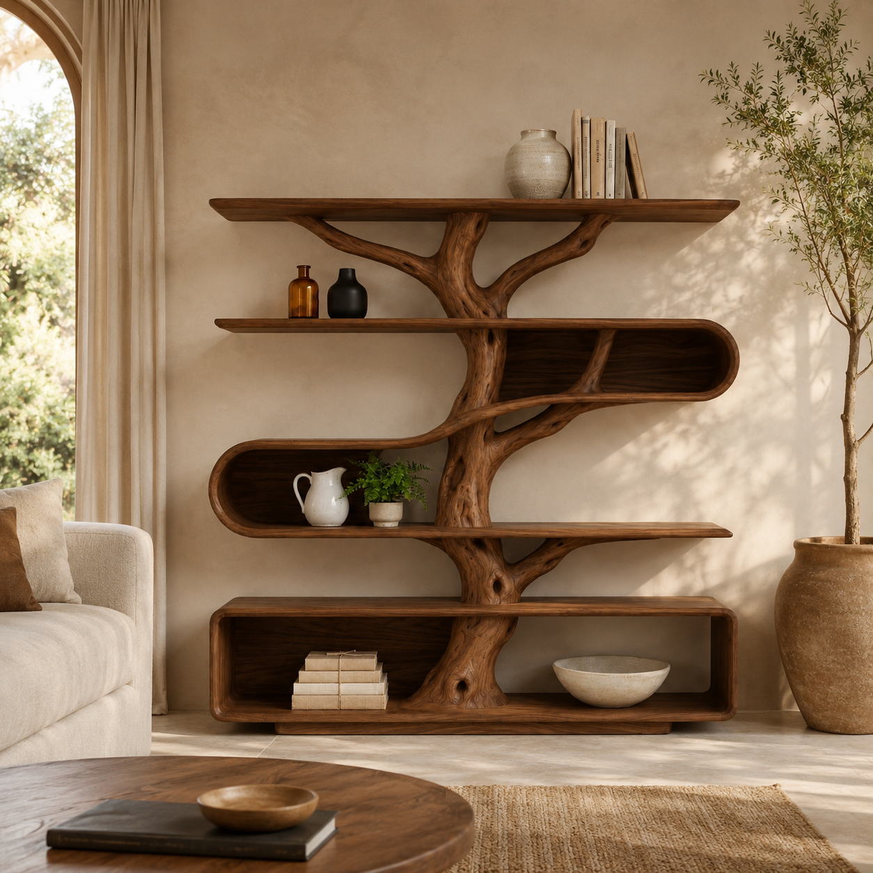 Tree Branch Bookcase – Sculptural Solid Wood Display Shelf