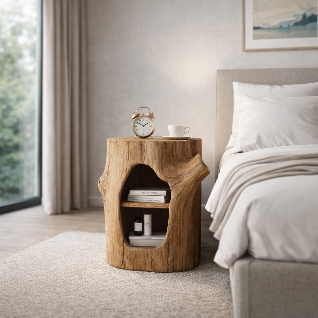 Tree Trunk Nightstand – Solid Wood Bedside Table for Rustic Bedroom Decor